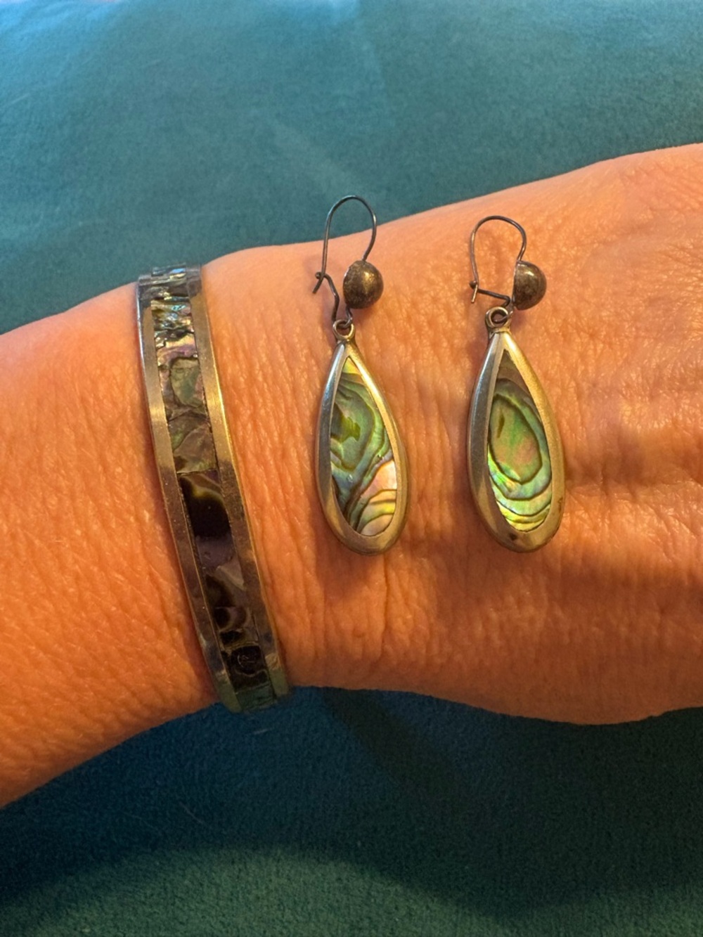 Abalone Inlay Teardrop Dangle Earrings And 8.5” Bangle Bracelet Alpaca Mexico